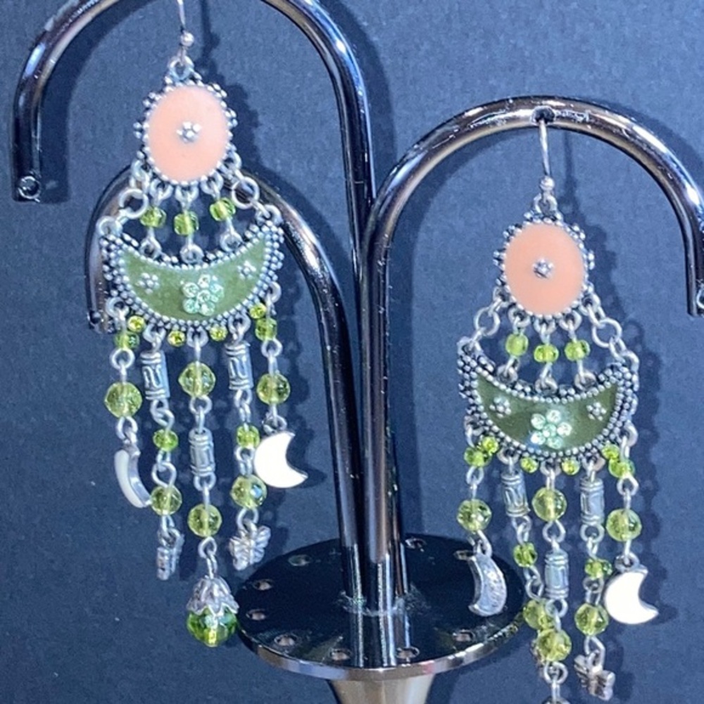 Fabulous pink and olive green chandelier earrings